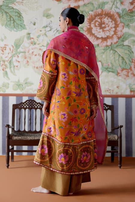 Pooja Singhal Orange Paithani Print A-Line Kurta Set 