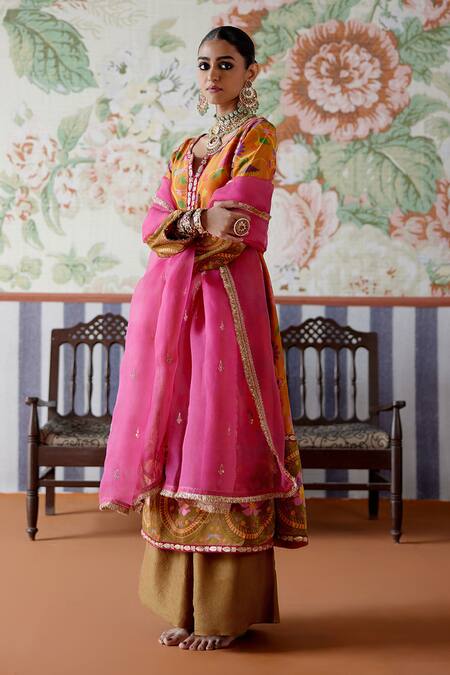 Pooja Singhal Orange Tissue, Organza Fringe, Embroidery Split Paithani Print A-line Kurta Set Online at Aza Fashions Pooja Singhal_Orange Tissue, Organza Fringe, Embroidery Split Paithani Print A-line Kurta Set _Online_at_Aza_Fashions