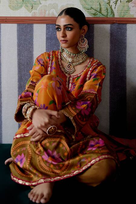 Buy Pooja Singhal Orange Tissue, Organza Fringe, Embroidery Split Paithani Print A-line Kurta Set Online at Aza Fashions Buy_Pooja Singhal_Orange Tissue, Organza Fringe, Embroidery Split Paithani Print A-line Kurta Set _Online_at_Aza_Fashions