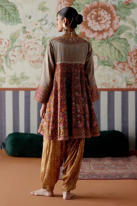 Pooja Singhal Maroon Marori Embroidered Anarkali & Dhoti Pant Set 