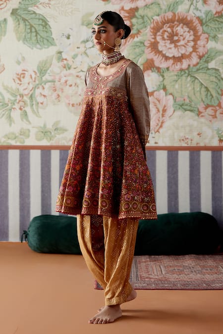 Pooja Singhal_Maroon Chanderi, Tissue, Crepe Sequins, Marori Anarkali And Dhoti Pant Set _Online_at_Aza_Fashions