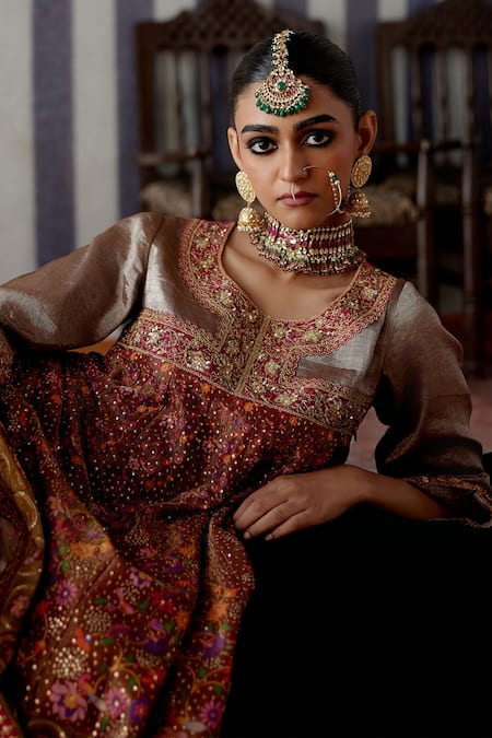 Buy_Pooja Singhal_Maroon Chanderi, Tissue, Crepe Sequins, Marori Anarkali And Dhoti Pant Set _Online_at_Aza_Fashions