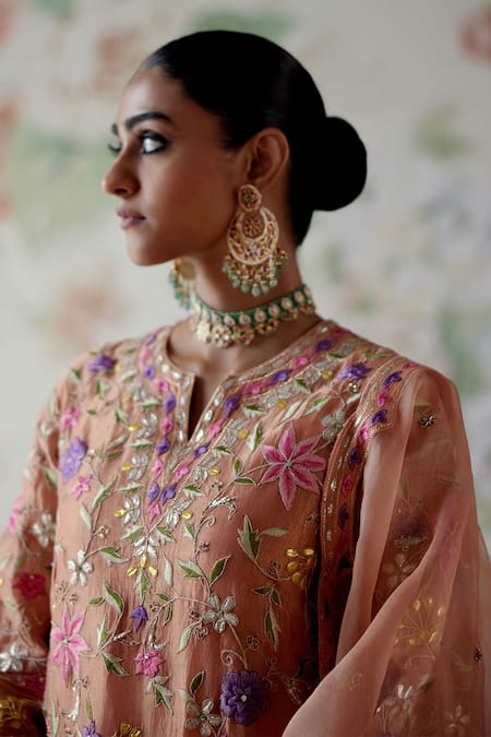 Shop_Pooja Singhal_Peach Chanderi, Tissue, Net, Organza Floral Embroidered Banarasi Kurta Set _Online_at_Aza_Fashions