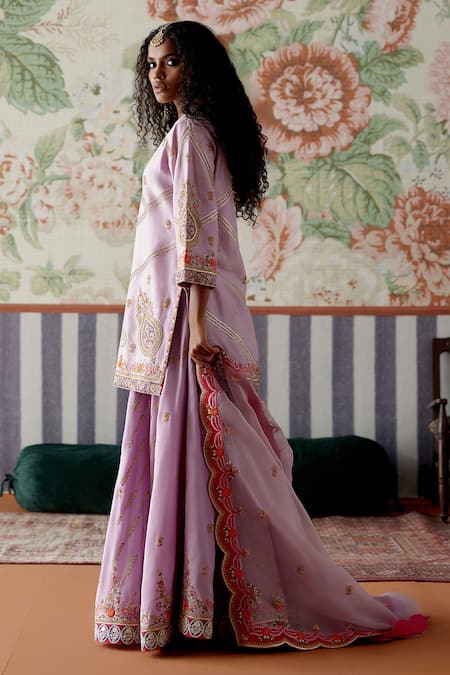 Buy_Pooja Singhal_Purple Chanderi, Organza Sequins, Embroidery, Zari Paisley Kurta And Sharara Set _Online_at_Aza_Fashions