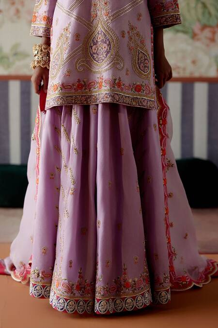Shop_Pooja Singhal_Purple Chanderi, Organza Sequins, Embroidery, Zari Paisley Kurta And Sharara Set _Online_at_Aza_Fashions