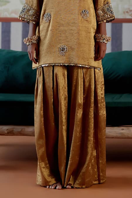 Pooja Singhal_Gold Tissue Sequins, Zari Round Neck Marori Embroidered Kurta Set _Online_at_Aza_Fashions