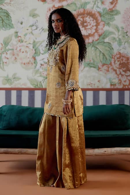 Buy_Pooja Singhal_Gold Tissue Sequins, Zari Round Neck Marori Embroidered Kurta Set _Online_at_Aza_Fashions
