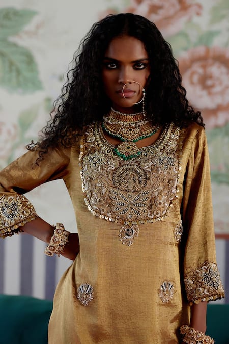 Pooja Singhal_Gold Tissue Sequins, Zari Round Neck Marori Embroidered Kurta Set _at_Aza_Fashions