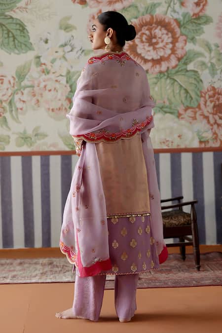 Shop Pooja Singhal Purple Chanderi, Organza Sequins, Embroidery Round Lavender Banarasi Kurta Set at Aza Fashions Shop_Pooja Singhal_Purple Chanderi, Organza Sequins, Embroidery Round Lavender Banarasi Kurta Set_at_Aza_Fashions