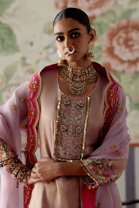 Shop Pooja Singhal Purple Chanderi, Organza Sequins, Embroidery Round Lavender Banarasi Kurta Set Online at Aza Fashions Shop_Pooja Singhal_Purple Chanderi, Organza Sequins, Embroidery Round Lavender Banarasi Kurta Set_Online_at_Aza_Fashions