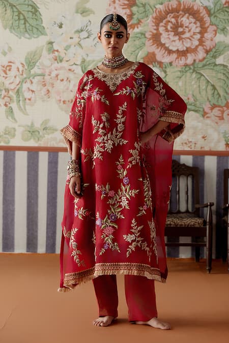 Pooja Singhal Floral Zari Embroidered Kaftan & Pant Set 