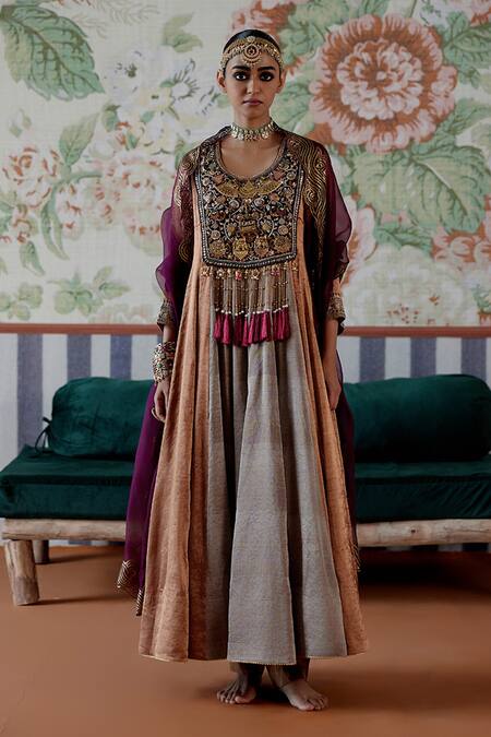 Pooja Singhal_Silver Tissue, Velvet, Organza Handwoven Banarasi Anarkali Set With Dupatta _Online_at_Aza_Fashions