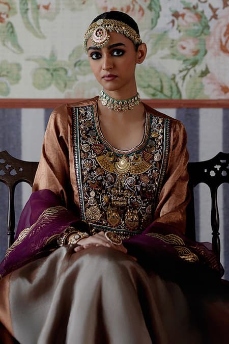 Shop_Pooja Singhal_Silver Tissue, Velvet, Organza Handwoven Banarasi Anarkali Set With Dupatta _Online_at_Aza_Fashions