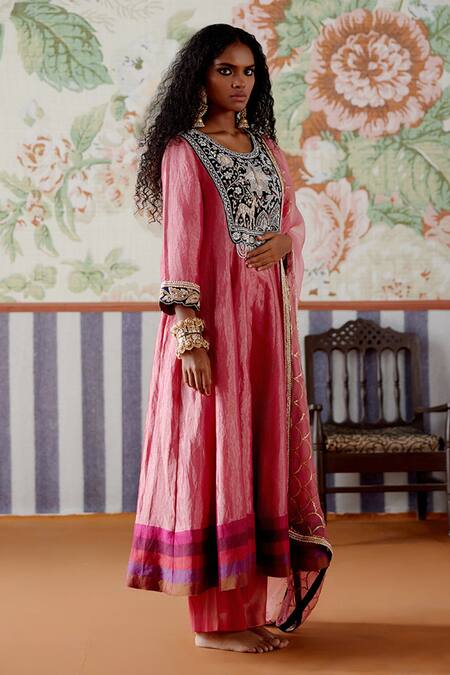 Buy_Pooja Singhal_Pink Tissue, Velvet, Organza Pearls, Banarasi Embroidered Anarkali Set _Online_at_Aza_Fashions