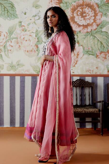 Shop_Pooja Singhal_Pink Tissue, Velvet, Organza Pearls, Banarasi Embroidered Anarkali Set _Online_at_Aza_Fashions