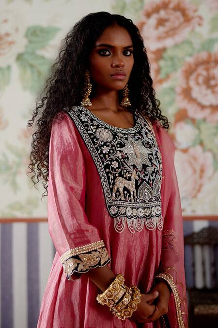 Pooja Singhal_Pink Tissue, Velvet, Organza Pearls, Banarasi Embroidered Anarkali Set _at_Aza_Fashions