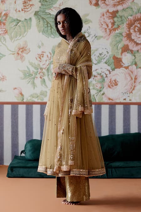 Pooja Singhal_Green Net, Chanderi, Silk Sequins, Zari, Lace Gota Embroidered Anarkali Set _Online_at_Aza_Fashions