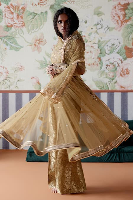 Buy_Pooja Singhal_Green Net, Chanderi, Silk Sequins, Zari, Lace Gota Embroidered Anarkali Set _Online_at_Aza_Fashions