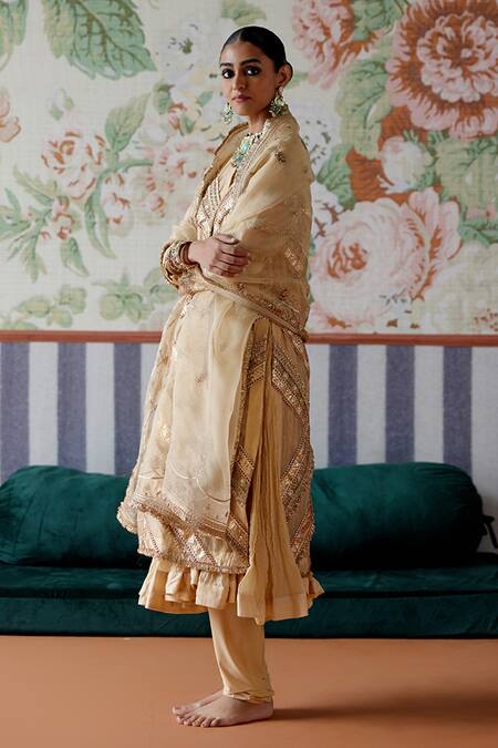 Pooja Singhal Gold Tissue, Chanderi, Organza, Net, Lycra Gota Patti, Embroidered Kurta Set Online at Aza Fashions Pooja Singhal_Gold Tissue, Chanderi, Organza, Net, Lycra Gota Patti, Embroidered Kurta Set _Online_at_Aza_Fashions