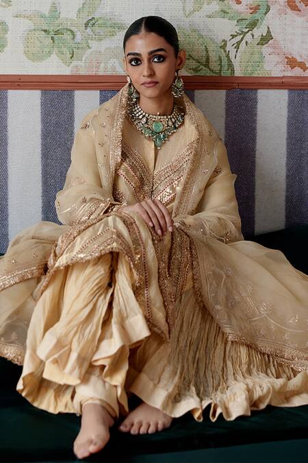 Shop Pooja Singhal Gold Tissue, Chanderi, Organza, Net, Lycra Gota Patti, Embroidered Kurta Set Online at Aza Fashions Shop_Pooja Singhal_Gold Tissue, Chanderi, Organza, Net, Lycra Gota Patti, Embroidered Kurta Set _Online_at_Aza_Fashions