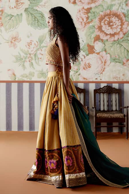 Buy_Pooja Singhal_Multi Color Chanderi Silk, Organza, Tissue Fringe, Lace, Embroidered Lehenga Set _Online_at_Aza_Fashions