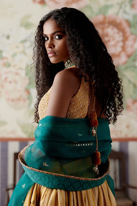 Pooja Singhal_Multi Color Chanderi Silk, Organza, Tissue Fringe, Lace, Embroidered Lehenga Set _at_Aza_Fashions