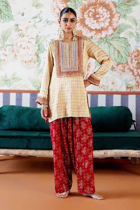 Pooja Singhal Gold Zari Embroidered Kurta & Dhoti Pant Set 