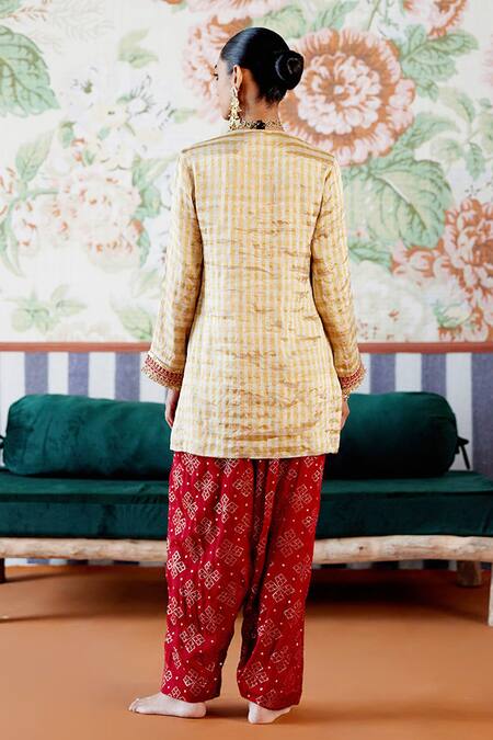 Pooja Singhal Gold Zari Embroidered Kurta & Dhoti Pant Set 