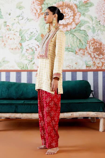 Pooja Singhal_Gold Tissue, Crepe, Linen Gota Patti, Zari, Embroidered Kurta And Dhoti Pant Set _Online_at_Aza_Fashions