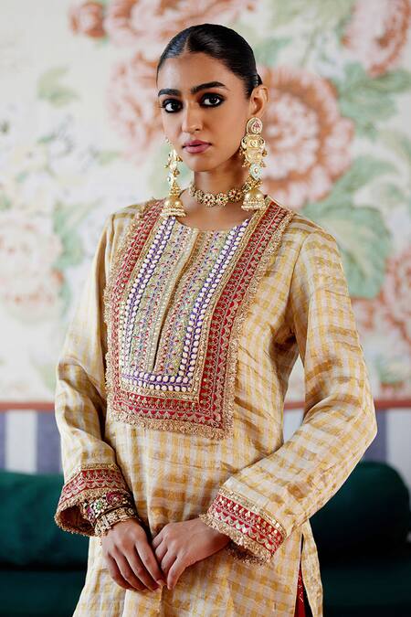 Buy_Pooja Singhal_Gold Tissue, Crepe, Linen Gota Patti, Zari, Embroidered Kurta And Dhoti Pant Set _Online_at_Aza_Fashions