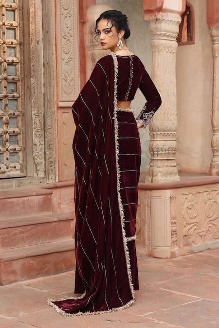 Ajiesh Oberoi Wine Velvet Floral Embroidered Sharara Saree 