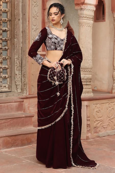 Buy_Ajiesh Oberoi_Wine Velvet Sequins, Zari, Embroidery Asymmetric Floral Sharara Saree _Online_at_Aza_Fashions