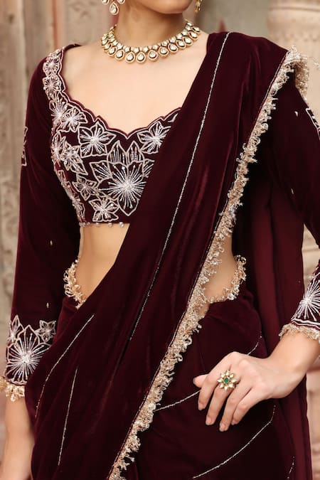 Ajiesh Oberoi_Wine Velvet Sequins, Zari, Embroidery Asymmetric Floral Sharara Saree _at_Aza_Fashions