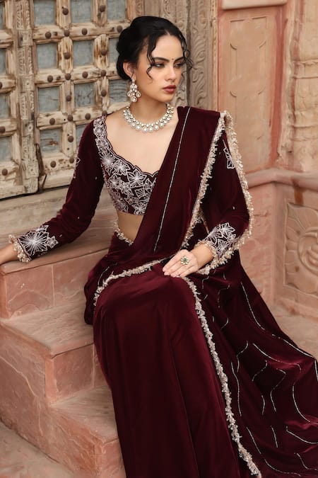 Buy_Ajiesh Oberoi_Wine Velvet Sequins, Zari, Embroidery Asymmetric Floral Sharara Saree 