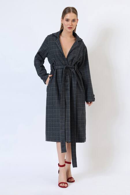 Musal_Blue Polyester, Wool Midnight Knitted Trench Coat _Online_at_Aza_Fashions