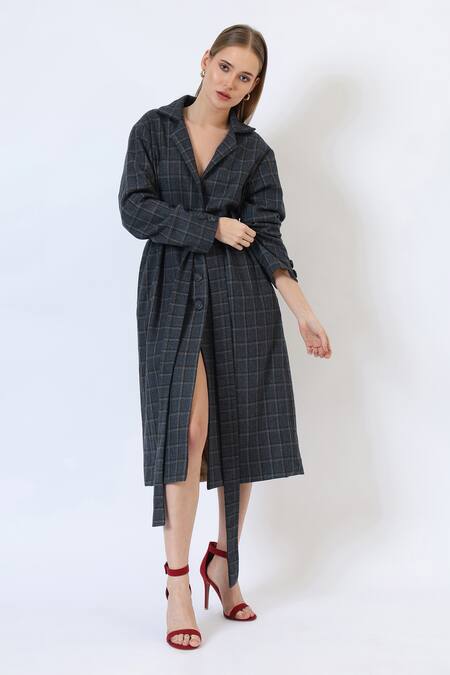 Shop_Musal_Blue Polyester, Wool Midnight Knitted Trench Coat _Online_at_Aza_Fashions