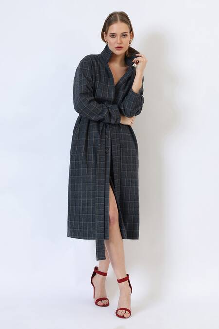 Musal_Blue Polyester, Wool Midnight Knitted Trench Coat _at_Aza_Fashions