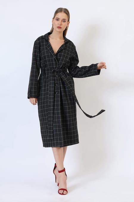Musal_Black Polyester, Wool Knitted Check Trench Coat _Online_at_Aza_Fashions