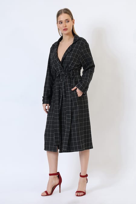 Buy_Musal_Black Polyester, Wool Knitted Check Trench Coat _Online_at_Aza_Fashions