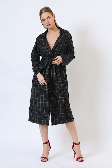 Shop_Musal_Black Polyester, Wool Knitted Check Trench Coat _Online_at_Aza_Fashions