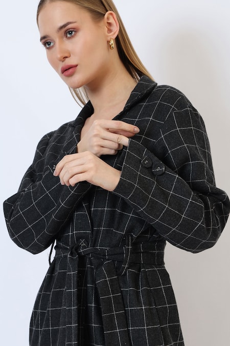 Musal_Black Polyester, Wool Knitted Check Trench Coat _at_Aza_Fashions