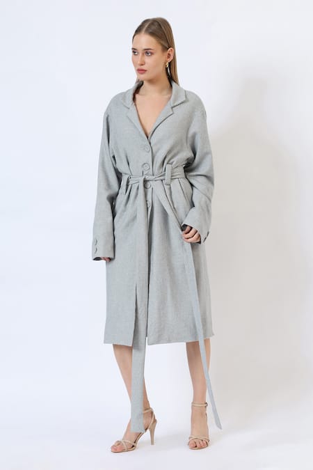 Musal_Gray Polyester, Wool Tailored Grey Knitted Trench Coat _Online_at_Aza_Fashions