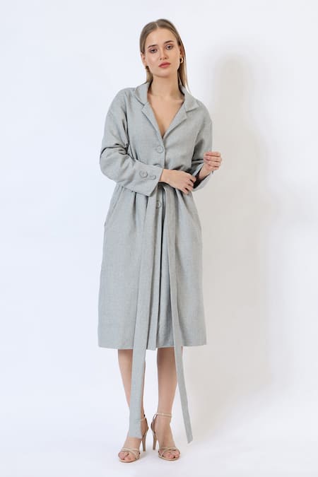 Buy_Musal_Gray Polyester, Wool Tailored Grey Knitted Trench Coat _Online_at_Aza_Fashions