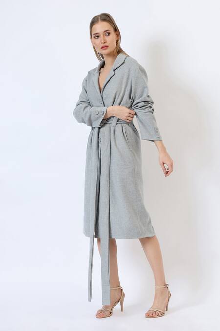 Shop_Musal_Gray Polyester, Wool Tailored Grey Knitted Trench Coat _Online_at_Aza_Fashions