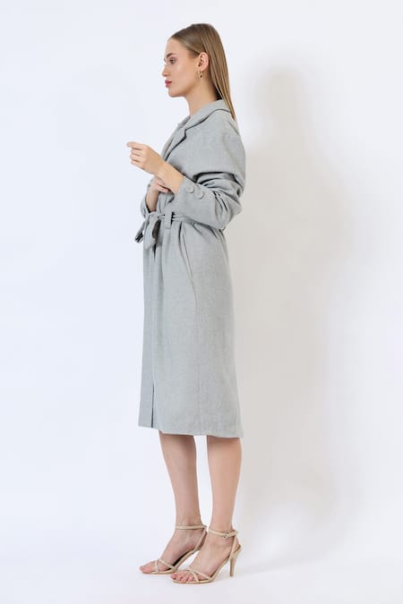 Buy_Musal_Gray Polyester, Wool Tailored Grey Knitted Trench Coat 