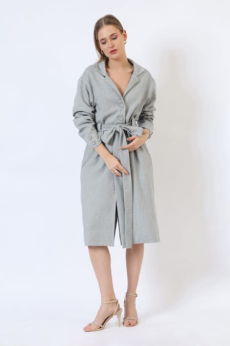 Shop_Musal_Gray Polyester, Wool Tailored Grey Knitted Trench Coat 
