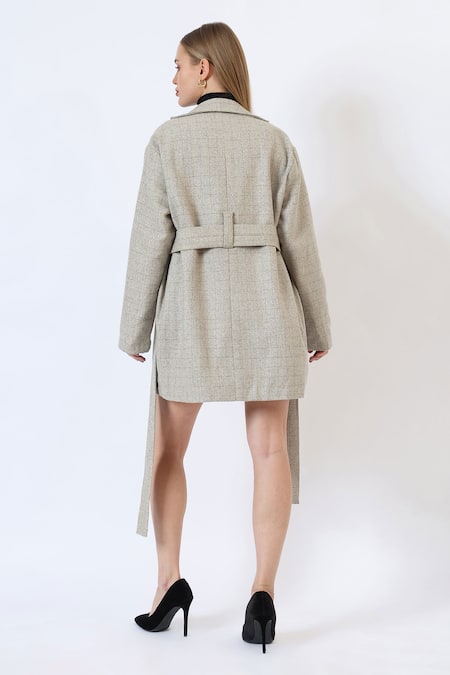 Musal Beige Knitted Check Pattern Trench Coat 