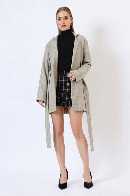 Musal_Beige Polyester, Wool Knitted Check Pattern Trench Coat _Online_at_Aza_Fashions