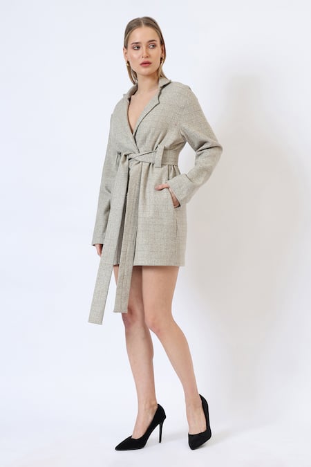 Buy_Musal_Beige Polyester, Wool Knitted Check Pattern Trench Coat _Online_at_Aza_Fashions
