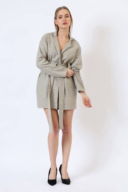 Shop_Musal_Beige Polyester, Wool Knitted Check Pattern Trench Coat _Online_at_Aza_Fashions